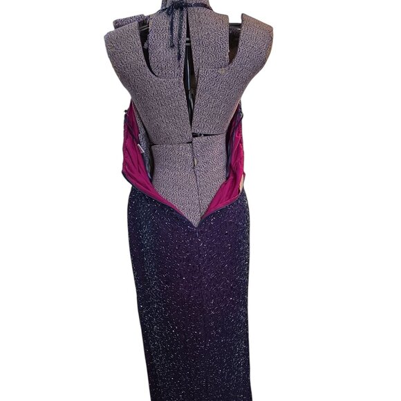 Vintage 1980's-90's Cache Beaded Formal Dress with Tie Halter Neck Purple-Blue - Picture 5 of 10
